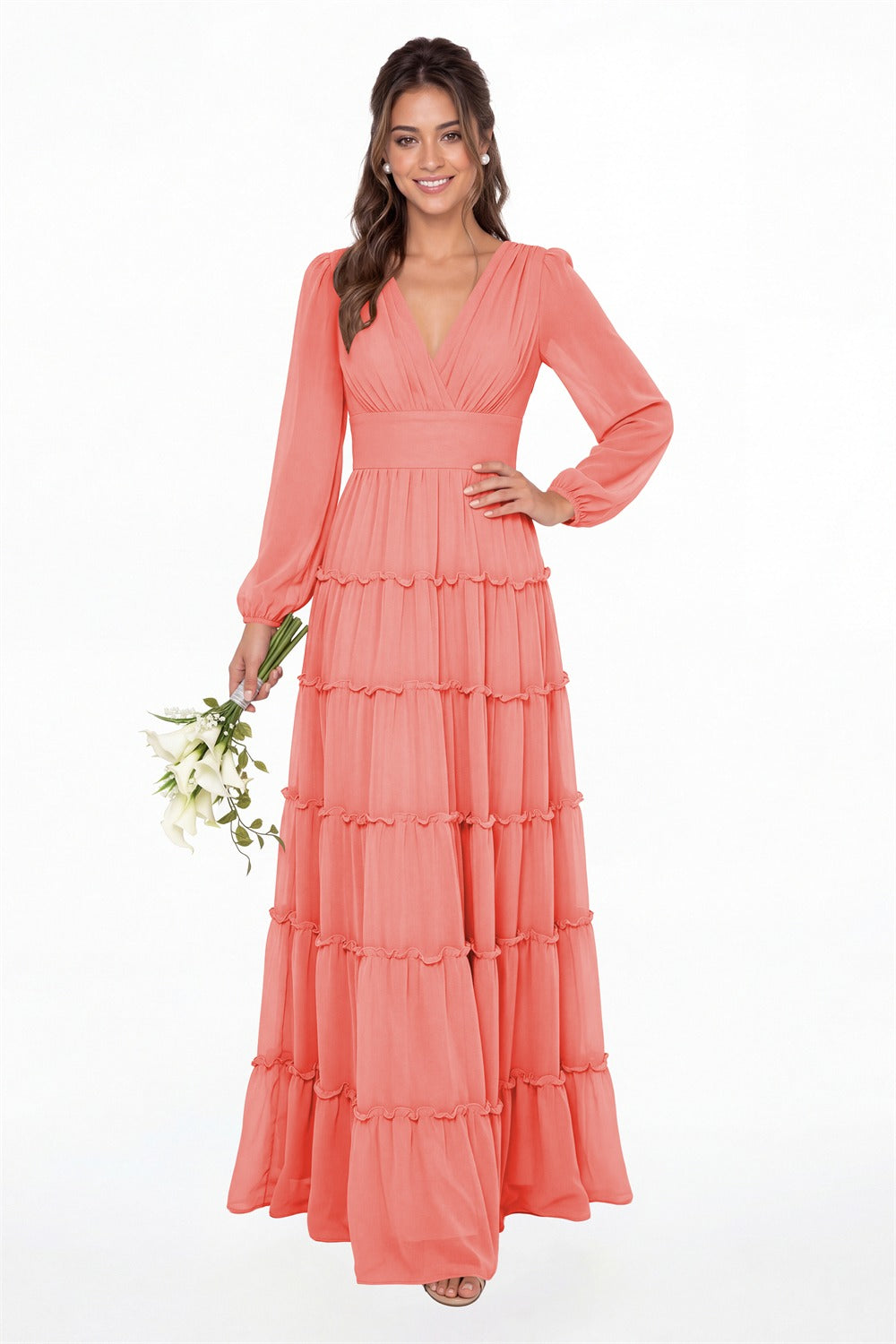 Coral V-Neck Long Sleeve Ruffle Ruched Chiffon Maxi Gown - Front View