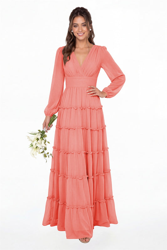 Coral V-Neck Long Sleeve Ruffle Ruched Chiffon Maxi Gown - Front View