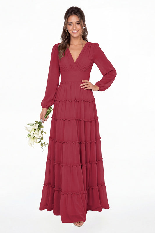 Desert Rose V-Neck Long Sleeve Ruffle Ruched Chiffon Maxi Gown - Front View