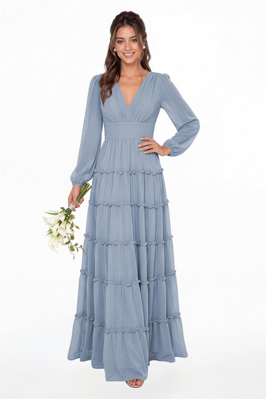 Dusty Blue V-Neck Long Sleeve Ruffle Ruched Chiffon Maxi Gown - Front View