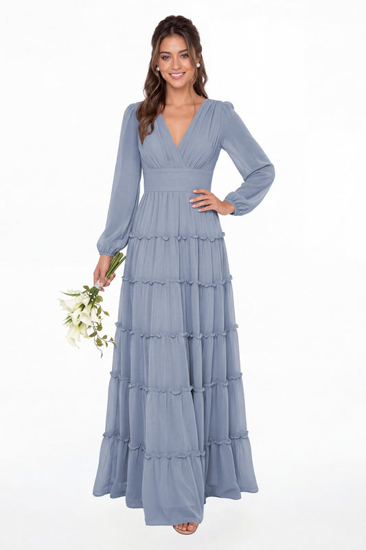 Dusty Blue V-Neck Long Sleeve Ruffle Ruched Chiffon Maxi Gown - Front View