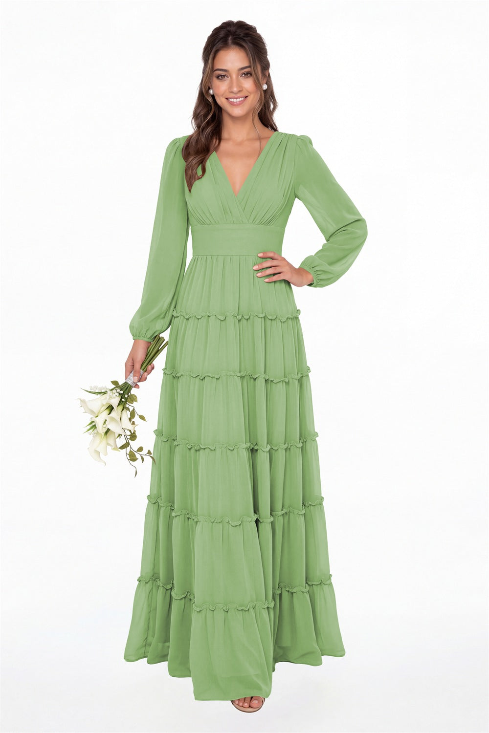 Dusty Sage V-Neck Long Sleeve Ruffle Ruched Chiffon Maxi Gown - Front View