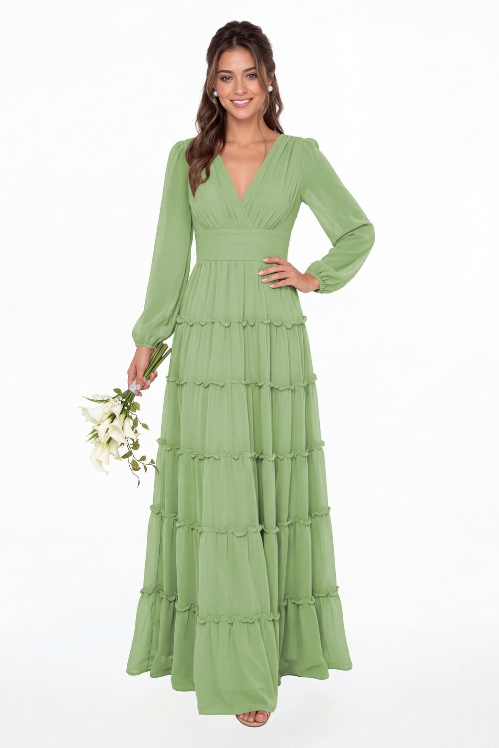 Dusty Sage V-Neck Long Sleeve Ruffle Ruched Chiffon Maxi Gown - Front View