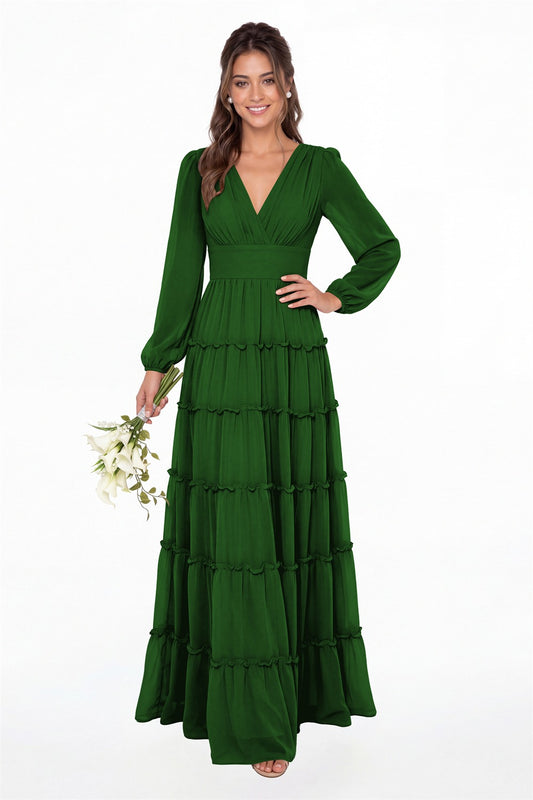 Emerald Green V-Neck Long Sleeve Ruffle Ruched Chiffon Maxi Gown - Front View