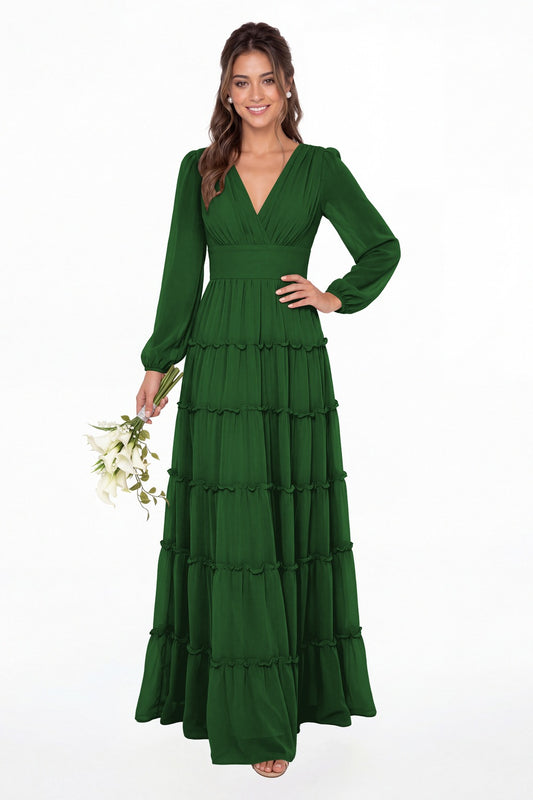 Emerald Green V-Neck Long Sleeve Ruffle Ruched Chiffon Maxi Gown - Front View