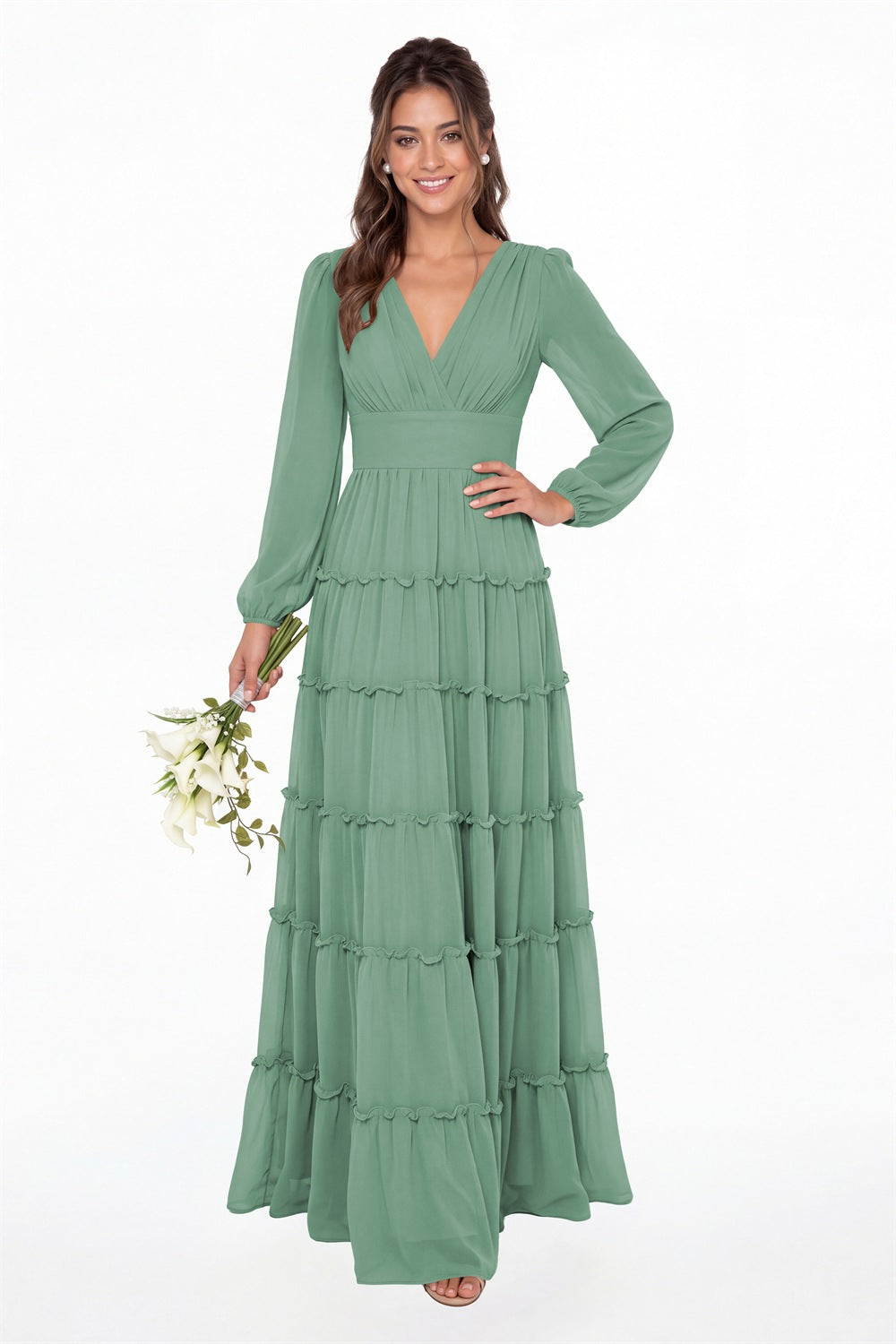 Eucalyptus V-Neck Long Sleeve Ruffle Ruched Chiffon Maxi Gown - Front View