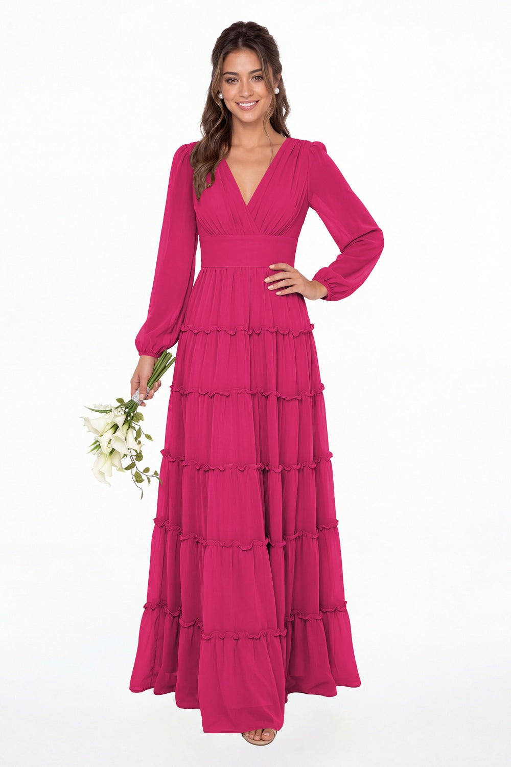 Fuchsia V-Neck Long Sleeve Ruffle Ruched Chiffon Maxi Gown - Front View
