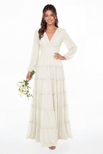 Ivory V-Neck Long Sleeve Ruffle Ruched Chiffon Maxi Gown - Front View
