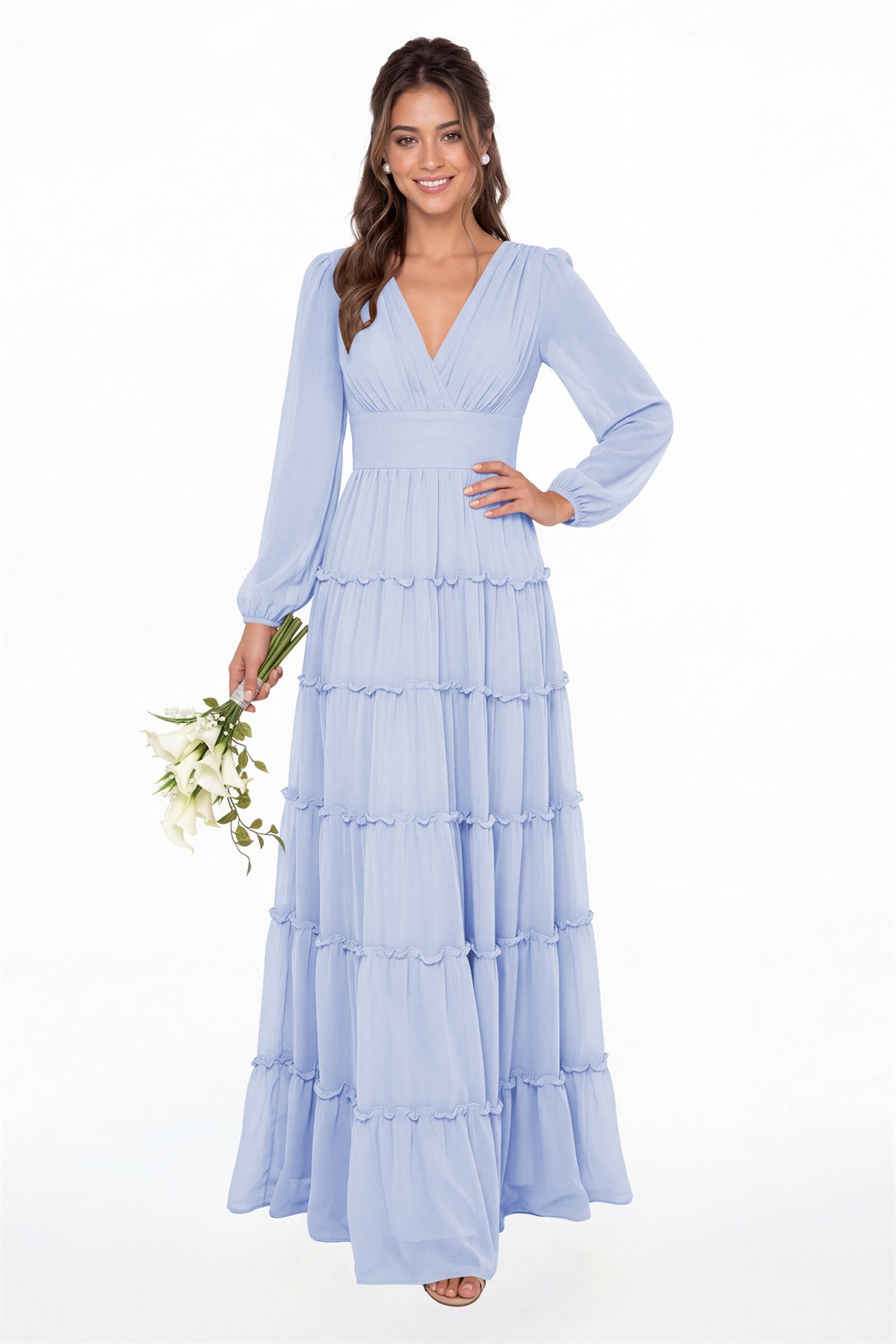 Lavender V-Neck Long Sleeve Ruffle Ruched Chiffon Maxi Gown - Front View