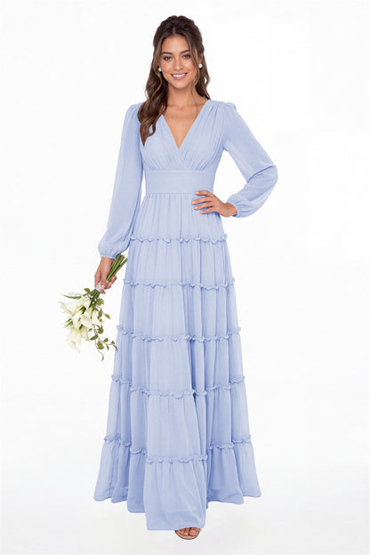 Lavender V-Neck Long Sleeve Ruffle Ruched Chiffon Maxi Gown - Front View
