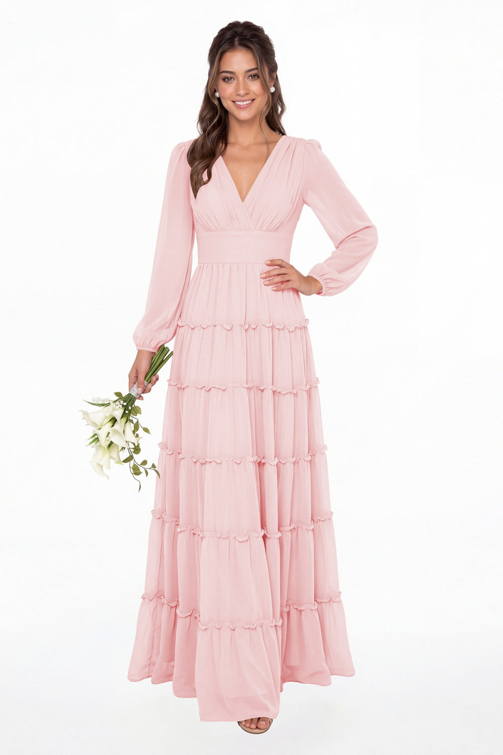 Light Pink V-Neck Long Sleeve Ruffle Ruched Chiffon Maxi Gown - Front View