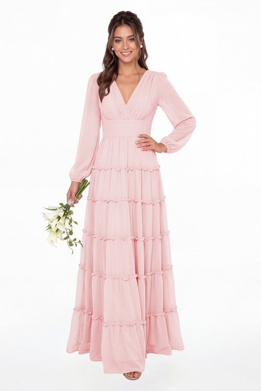 Light Pink V-Neck Long Sleeve Ruffle Ruched Chiffon Maxi Gown - Front View