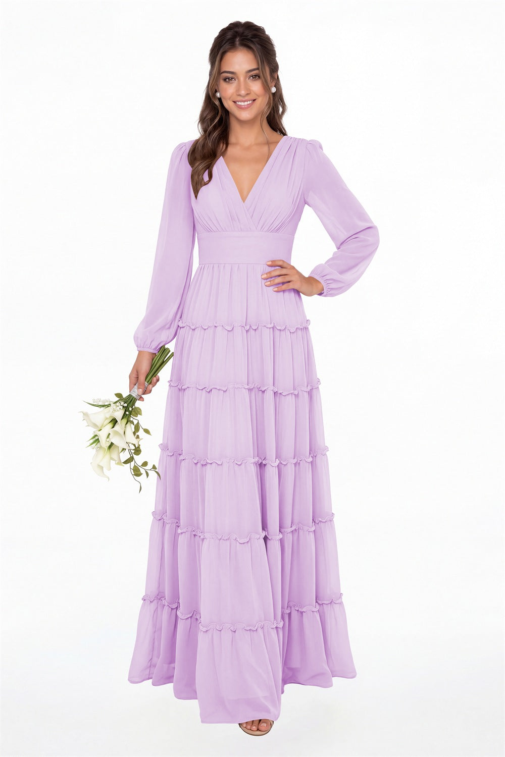 Lilac V-Neck Long Sleeve Ruffle Ruched Chiffon Maxi Gown - Front View