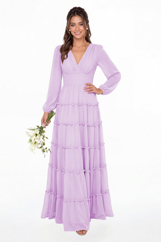 Lilac V-Neck Long Sleeve Ruffle Ruched Chiffon Maxi Gown - Front View