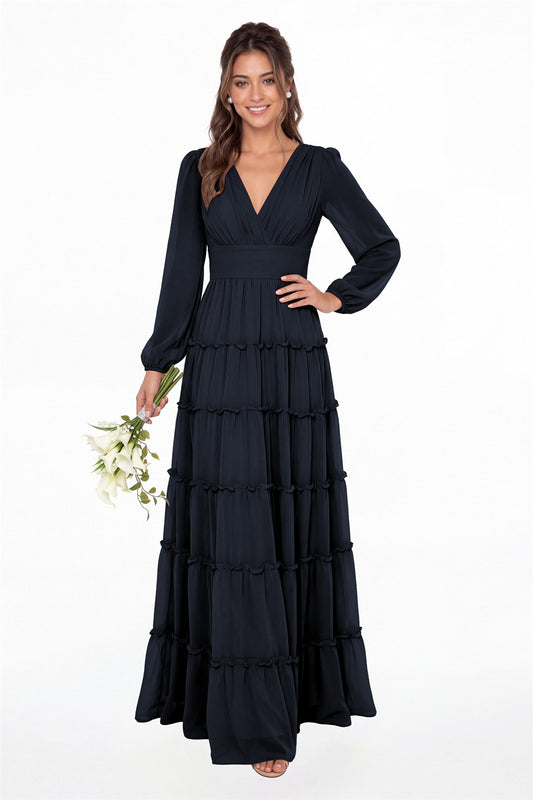 Navy Blue V-Neck Long Sleeve Ruffle Ruched Chiffon Maxi Gown - Front View