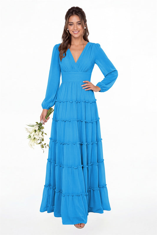 Ocean Blue V-Neck Long Sleeve Ruffle Ruched Chiffon Maxi Gown - Front View