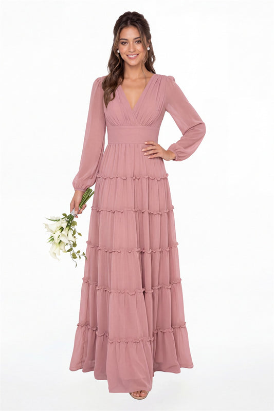 Olive Green V-Neck Long Sleeve Ruffle Ruched Chiffon Maxi Gown - Front View