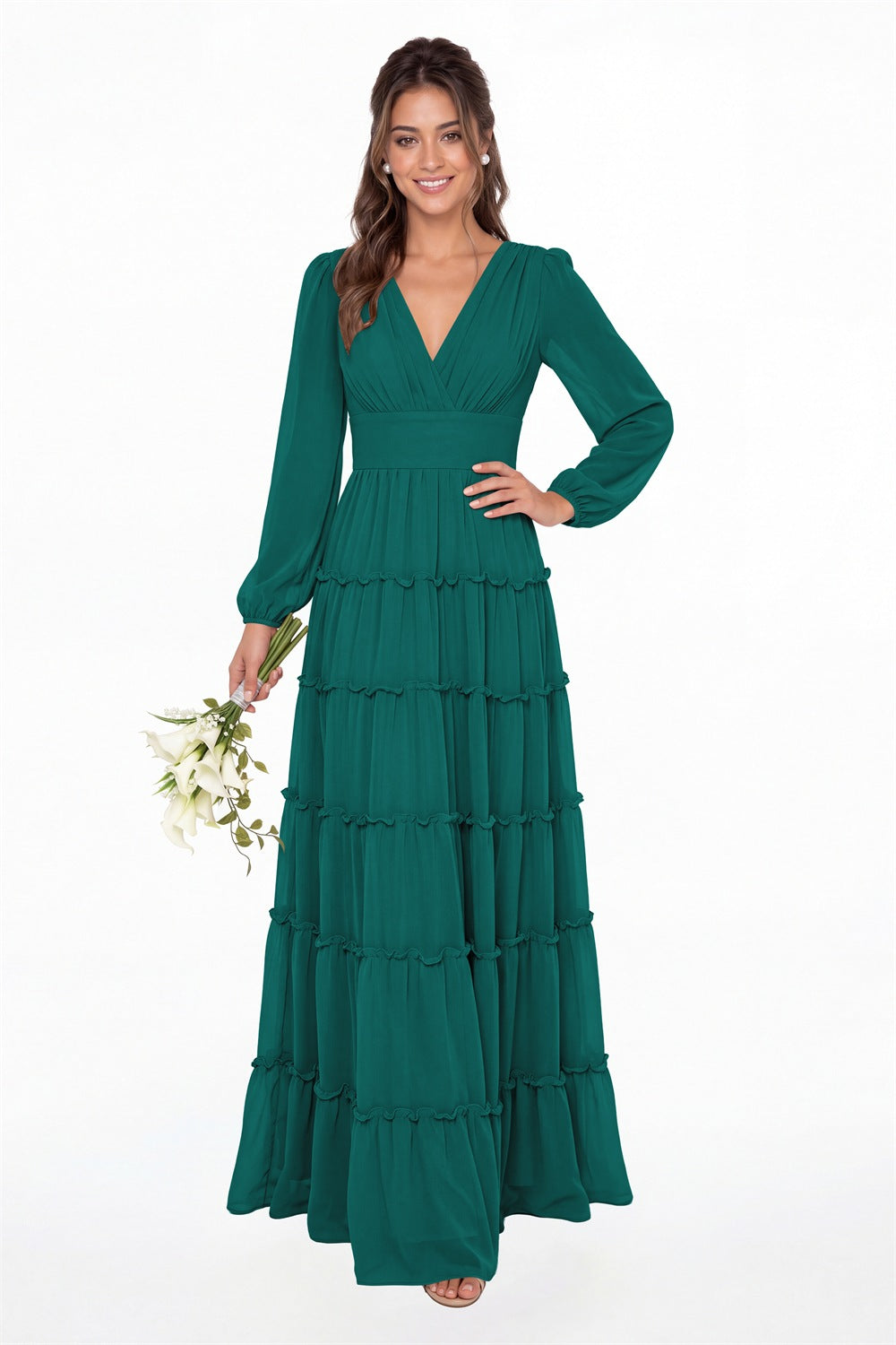 Peacock V-Neck Long Sleeve Ruffle Ruched Chiffon Maxi Gown - Front View