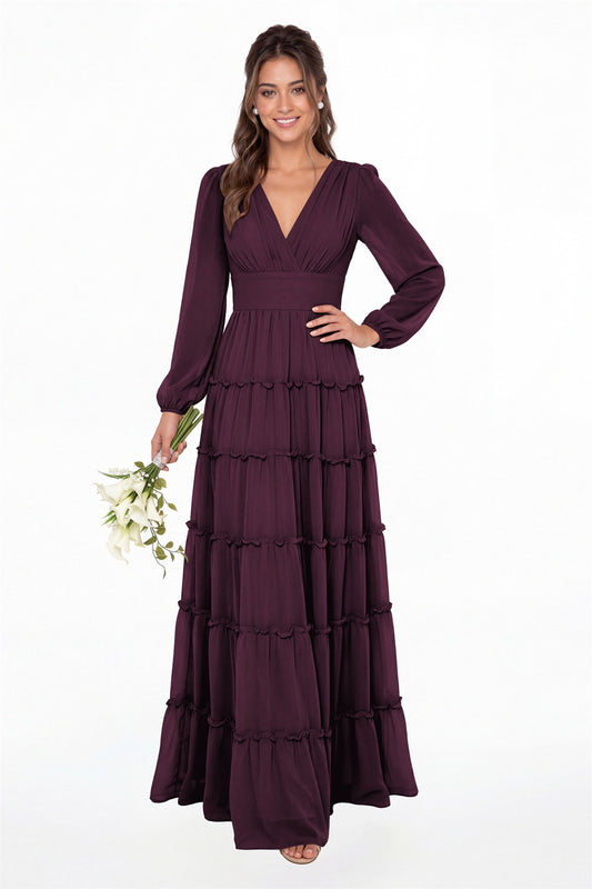 Plum V-Neck Long Sleeve Ruffle Ruched Chiffon Maxi Gown - Front View
