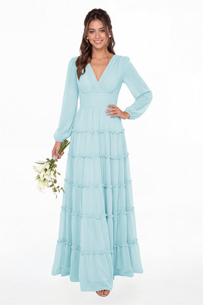 Powder Blue V-Neck Long Sleeve Ruffle Ruched Chiffon Maxi Gown - Front View