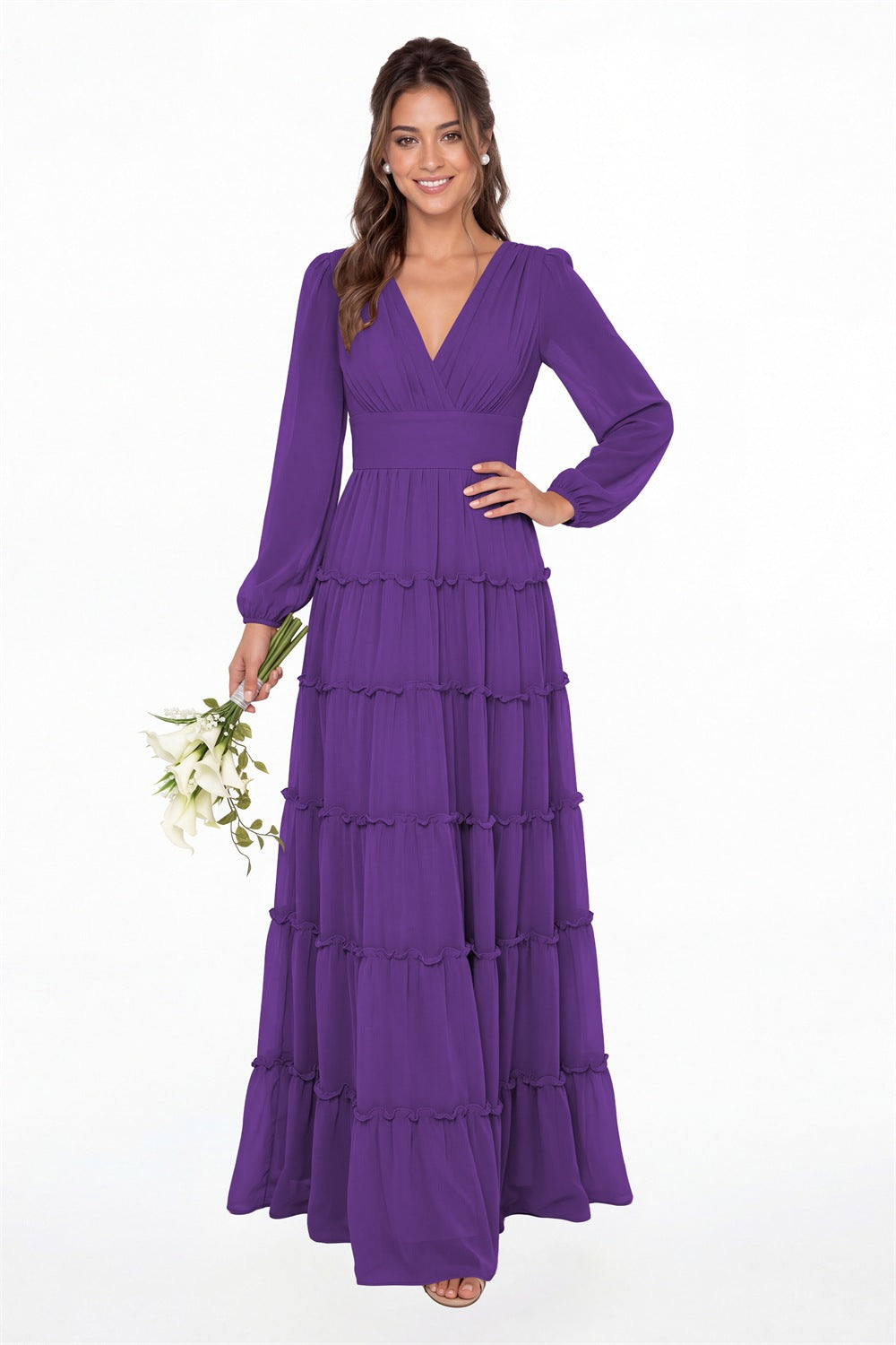 Purple V-Neck Long Sleeve Ruffle Ruched Chiffon Maxi Gown - Front View