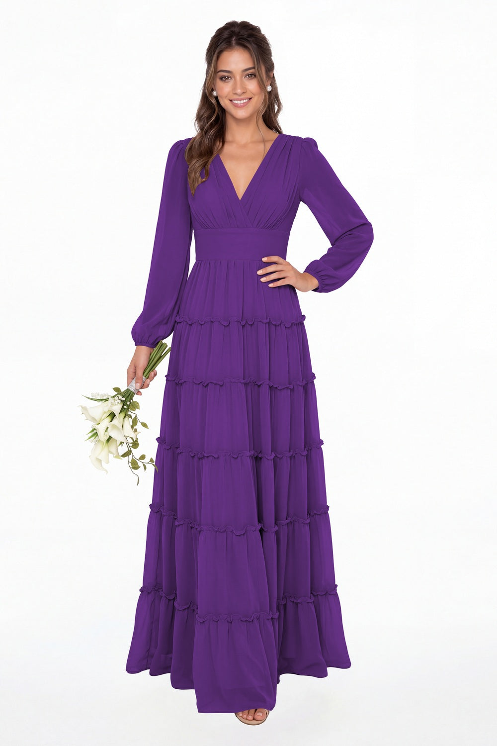 Purple V-Neck Long Sleeve Ruffle Ruched Chiffon Maxi Gown - Front View