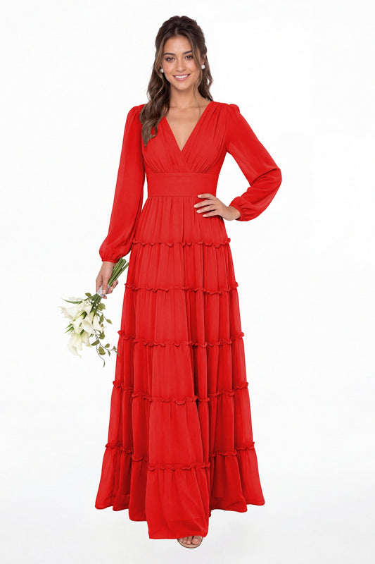 Red V-Neck Long Sleeve Ruffle Ruched Chiffon Maxi Gown - Front View