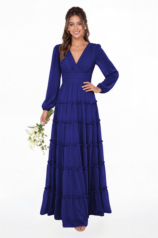 Royal Blue V-Neck Long Sleeve Ruffle Ruched Chiffon Maxi Gown - Front View