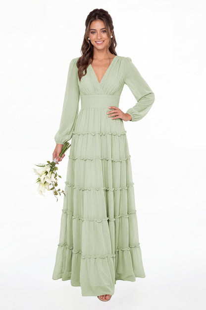 Sage Green V-Neck Long Sleeve Ruffle Ruched Chiffon Maxi Gown - Front View