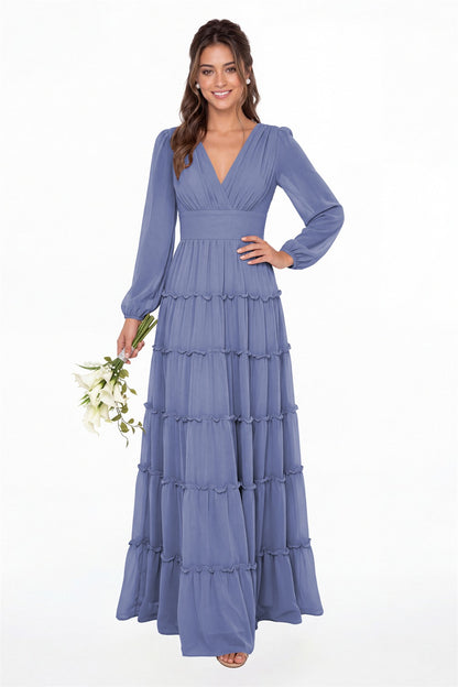 Steel Blue V-Neck Long Sleeve Ruffle Ruched Chiffon Maxi Gown - Front View
