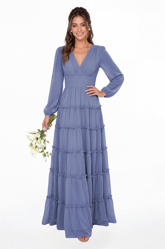Steel Blue V-Neck Long Sleeve Ruffle Ruched Chiffon Maxi Gown - Front View