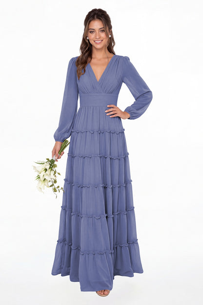 Steel Blue V-Neck Long Sleeve Ruffle Ruched Chiffon Maxi Gown - Front View
