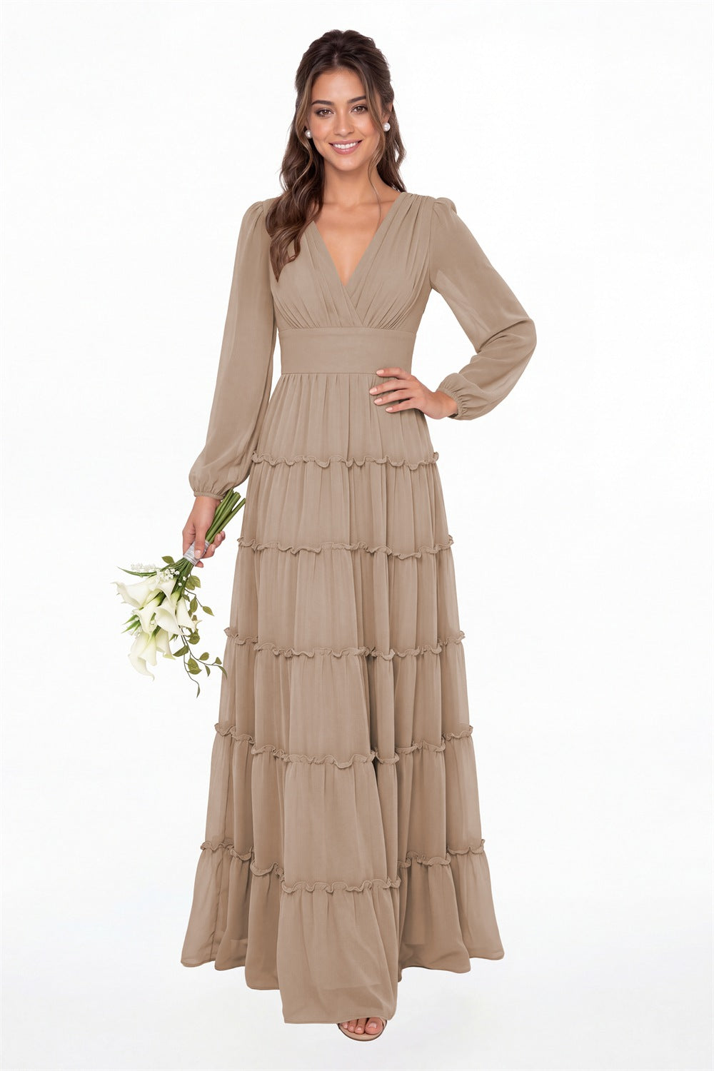Taupe V-Neck Long Sleeve Ruffle Ruched Chiffon Maxi Gown - Front View