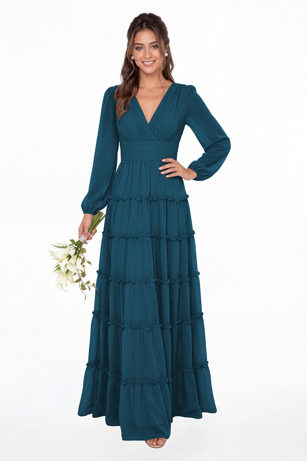 Teal V-Neck Long Sleeve Ruffle Ruched Chiffon Maxi Gown - Front View