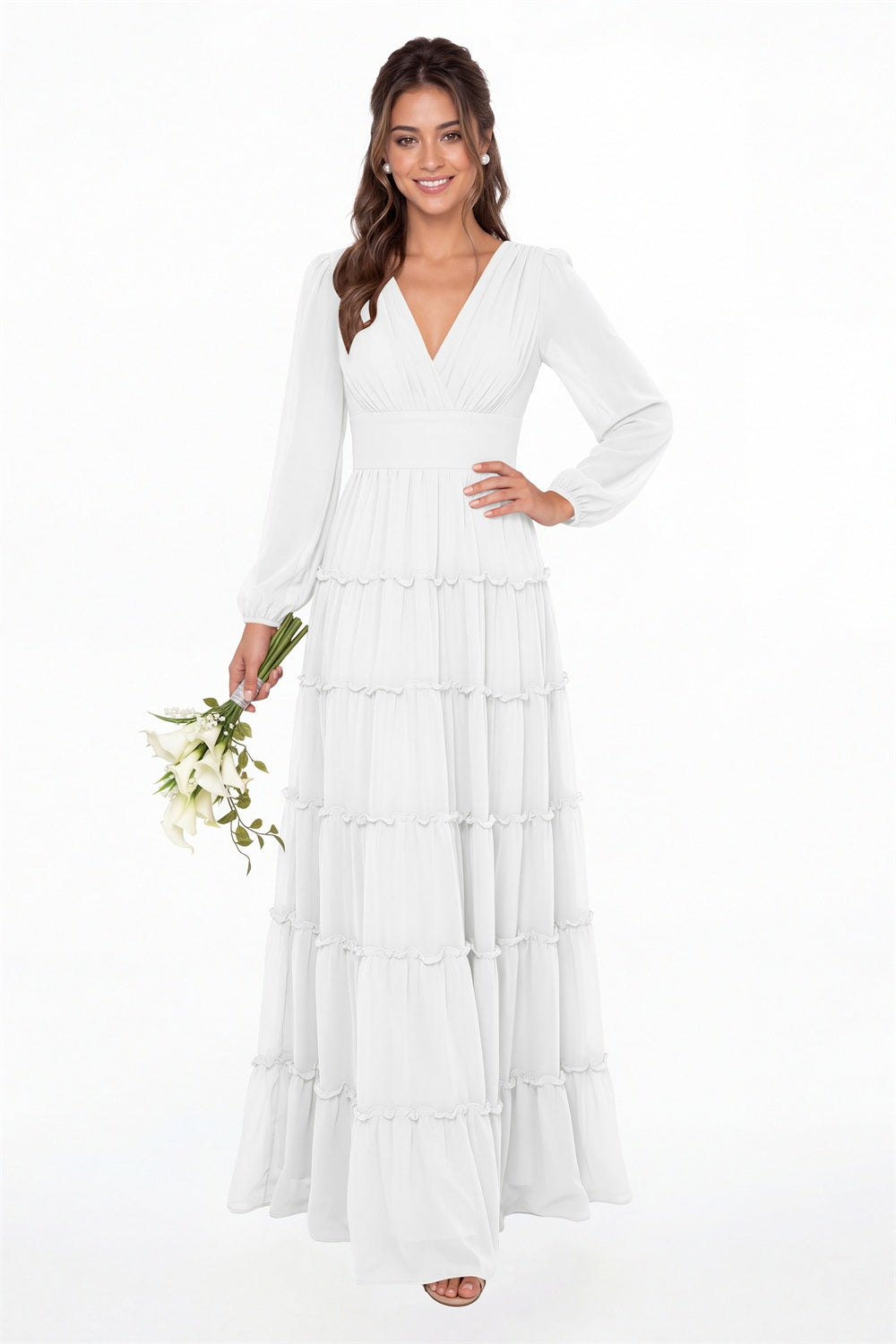 White V-Neck Long Sleeve Ruffle Ruched Chiffon Maxi Gown - Front View