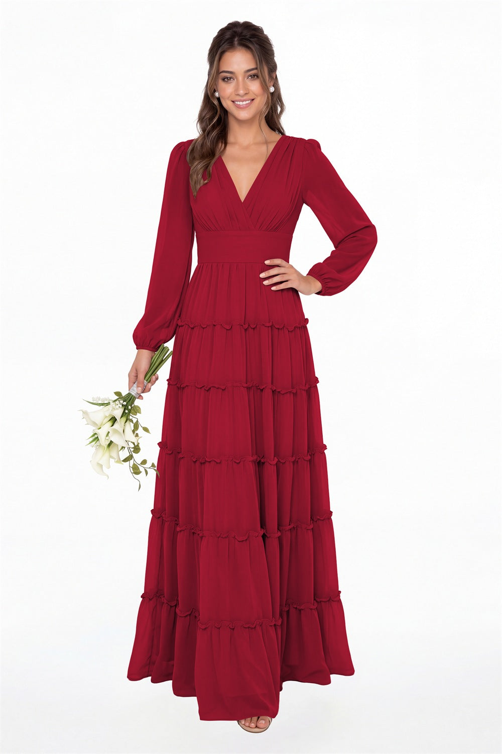 Wine Red V-Neck Long Sleeve Ruffle Ruched Chiffon Maxi Gown - Front View