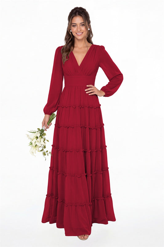 Wine Red V-Neck Long Sleeve Ruffle Ruched Chiffon Maxi Gown - Front View