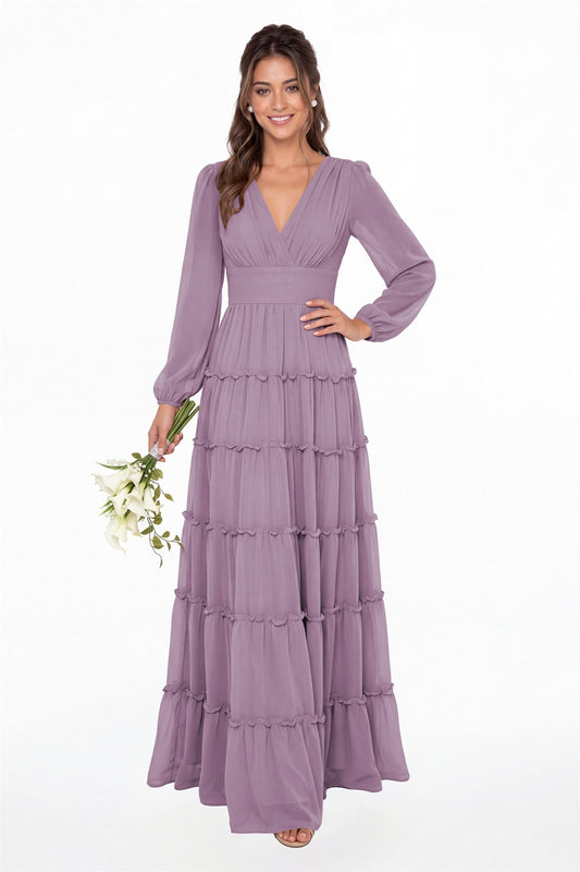 Wisteria V-Neck Long Sleeve Ruffle Ruched Chiffon Maxi Gown - Front View