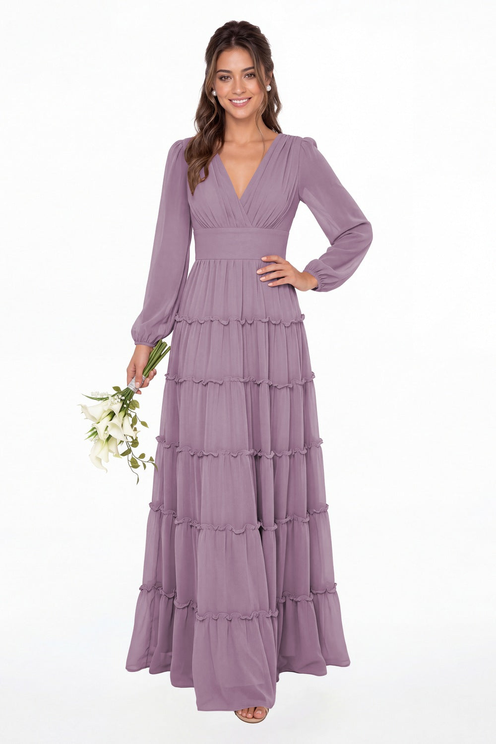 Wisteria V-Neck Long Sleeve Ruffle Ruched Chiffon Maxi Gown - Front View