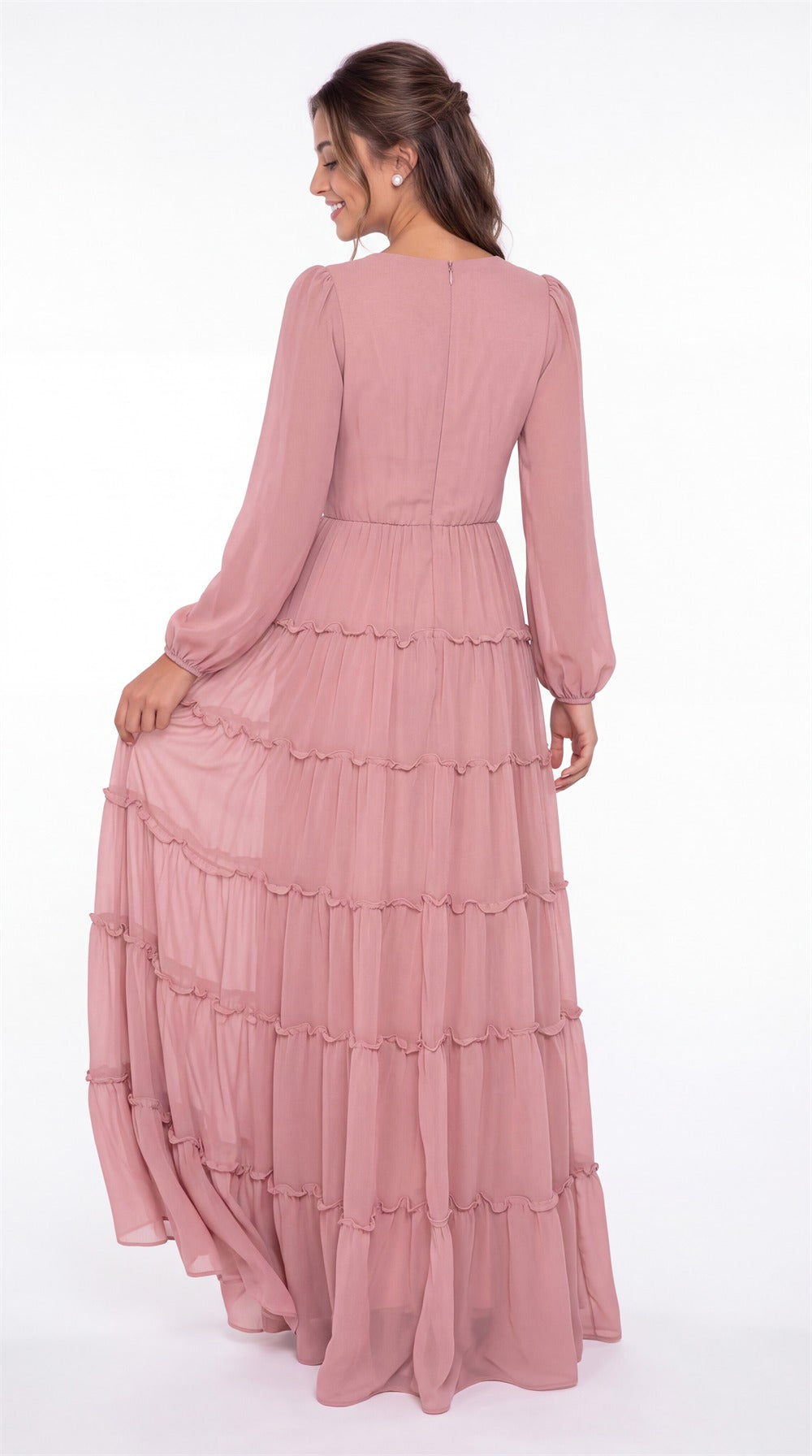 V-Neck Long Sleeve Ruffle Ruched Chiffon Maxi Gown - Back View