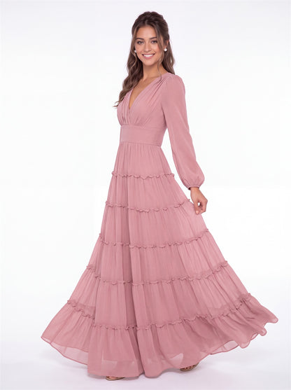 V-Neck Long Sleeve Ruffle Ruched Chiffon Maxi Gown - Detail View 2