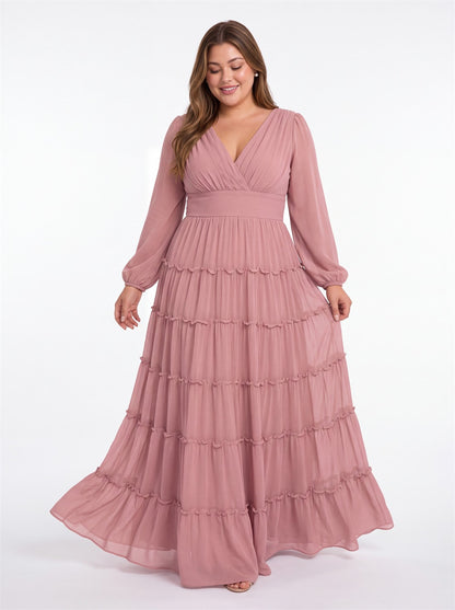 V-Neck Long Sleeve Ruffle Ruched Chiffon Maxi Gown - Detail View 3