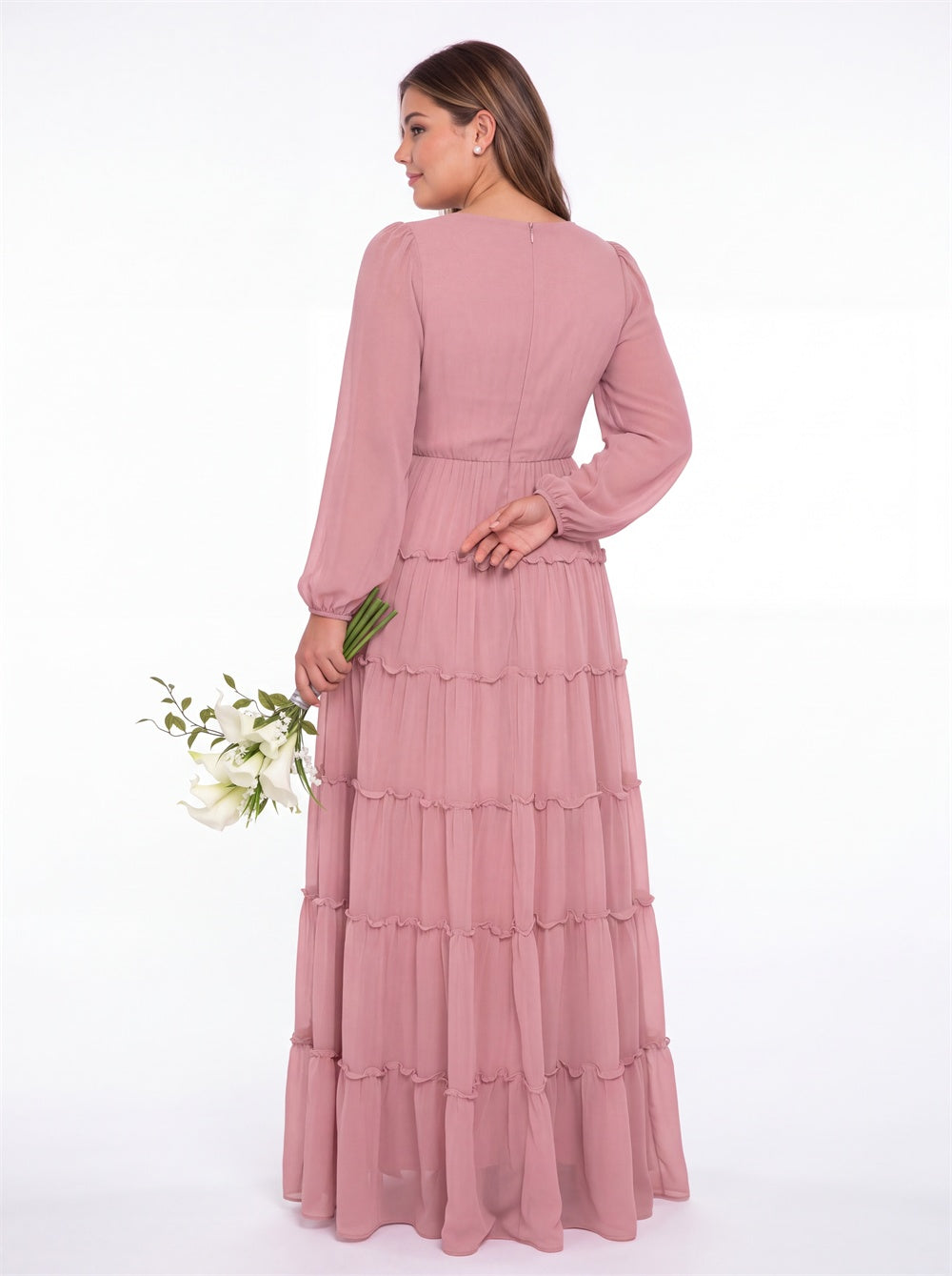 V-Neck Long Sleeve Ruffle Ruched Chiffon Maxi Gown - Detail View 4