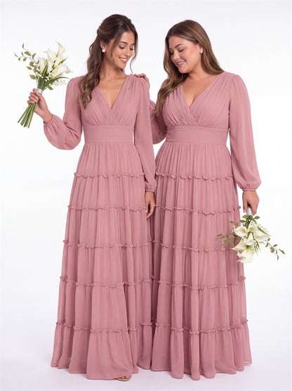 V-Neck Long Sleeve Ruffle Ruched Chiffon Maxi Gown - Detail View 5
