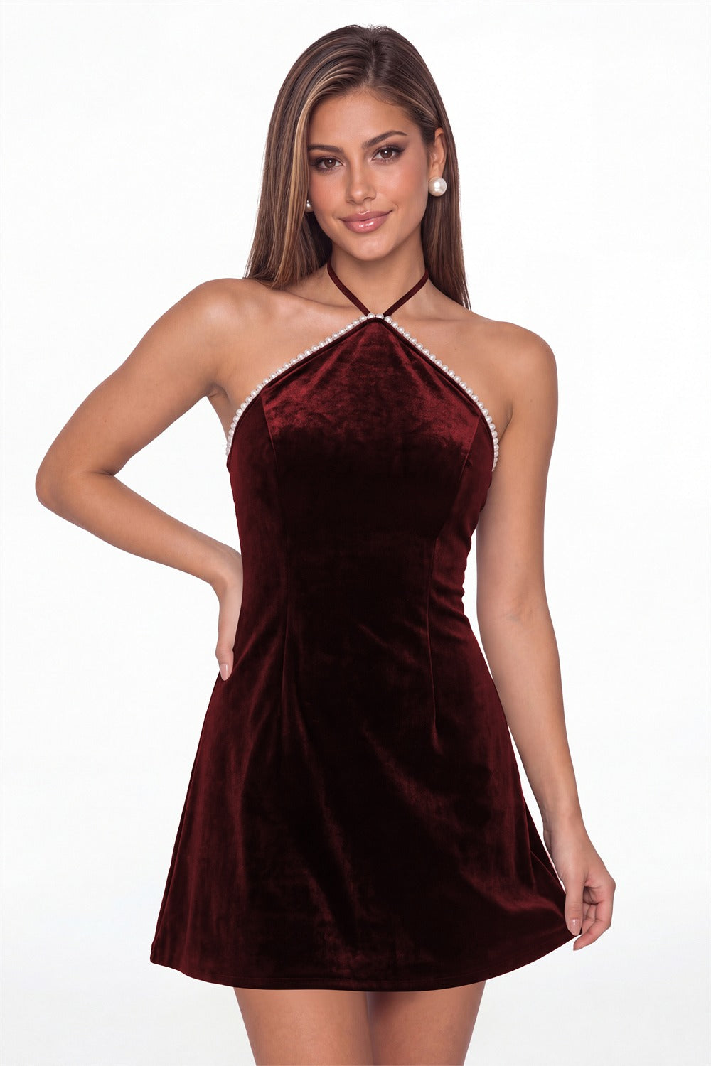 Burgundy Halter Velvet Pearl Mini Dress - Front View