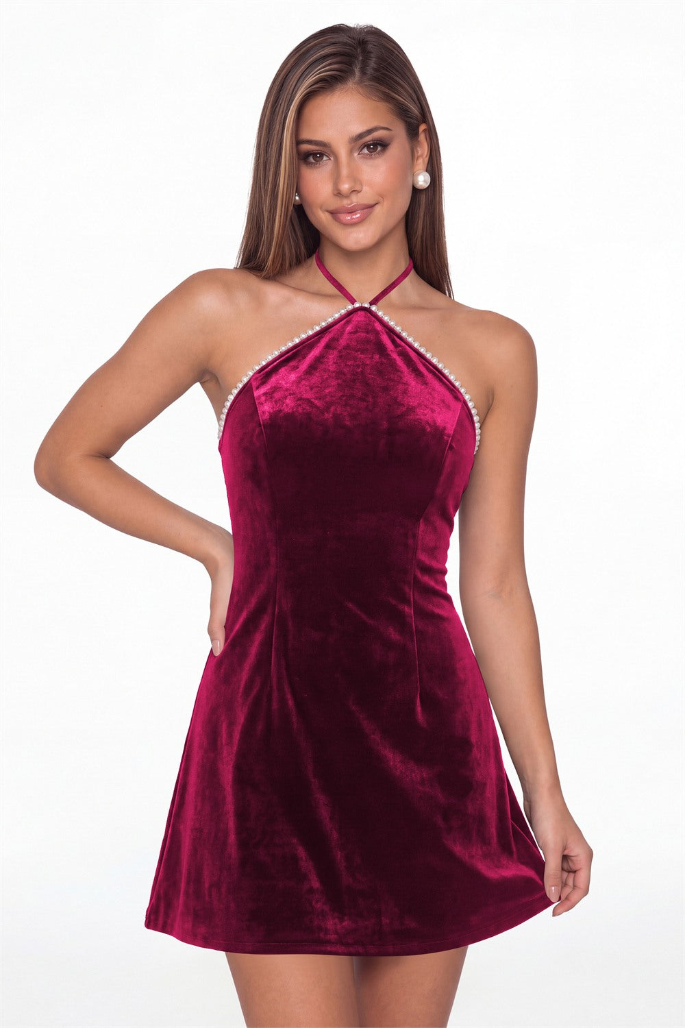 Fuchsia Halter Velvet Pearl Mini Dress - Front View