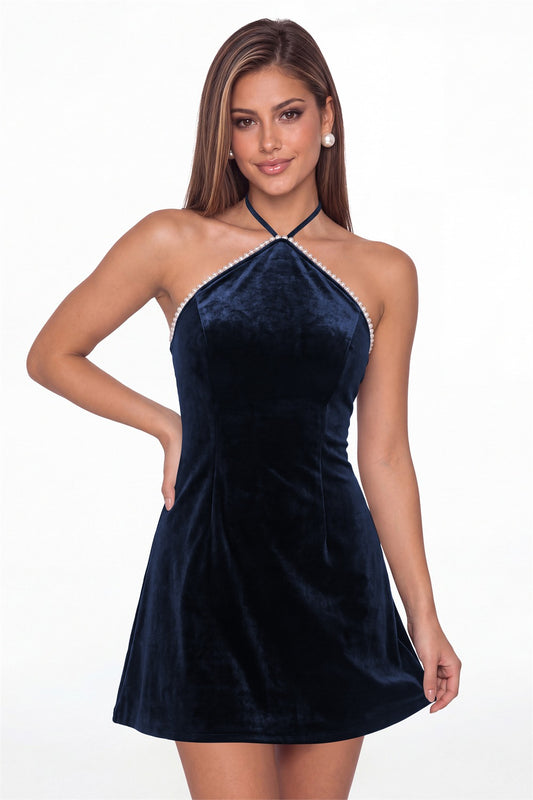 Navy Blue Halter Velvet Pearl Mini Dress - Front View