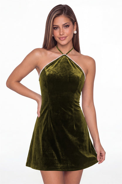 Olive Green Halter Velvet Pearl Mini Dress - Front View