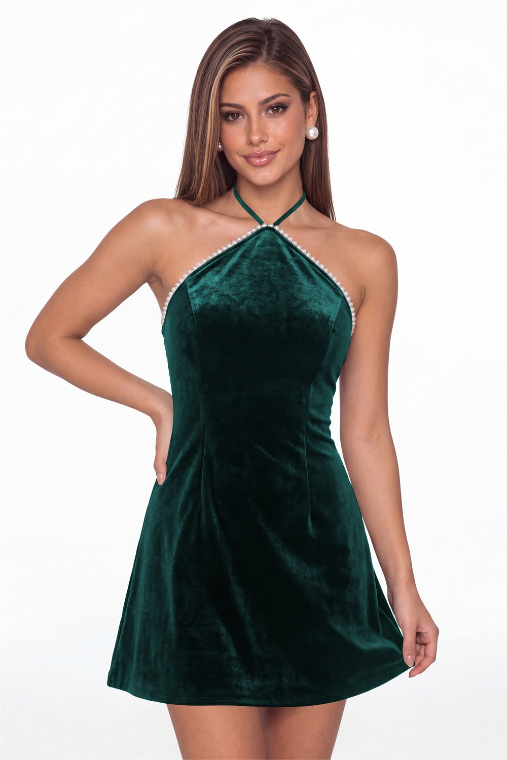 Peacock Halter Velvet Pearl Mini Dress - Front View