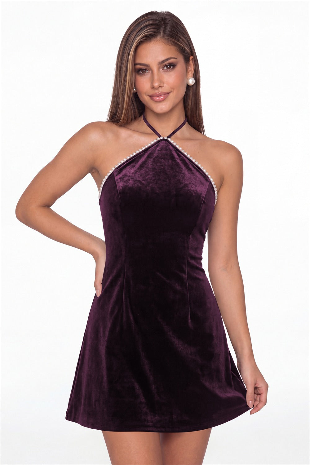 Plum Halter Velvet Pearl Mini Dress - Front View